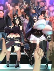 Rule 34 | 2girls, artist request, black hair, bouncing breasts, breasts, censored, cleavage, convenient censoring, gigantic breasts, huge breasts, long hair, multiple girls, open mouth, purple hair, red eyes, smile, very long hair