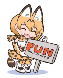 Rule 34 | 10s, ^ ^, animal ears, bow, bowtie, closed eyes, english text, fur collar, gloves, kemono friends, meme, multicolored hair, parody, serval (kemono friends), serval print, serval tail, sign, simple background, solo, sonic (series), sonic the hedgehog (satam), tail, two-tone hair, white background