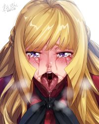 Rule 34 | 1girl, absurdres, after fellatio, aftersex, bad id, bad pixiv id, black bow, black bowtie, blonde hair, blunt bangs, blush, bow, bowtie, breath, commentary request, crying, crying with eyes open, dated, drooling, eyebrows, eyelashes, female focus, gundam, gundam tekketsu no orphans, half-closed eyes, half updo, heavy breathing, hero neisan, highres, kudelia aina bernstein, long hair, looking at viewer, male pubic hair, open mouth, pubic hair, purple eyes, red shirt, saliva, shirt, sidelocks, signature, simple background, snot, solo, stray pubic hair, tears, teeth, tongue, tongue out, upper body, upper teeth only, uvula, white background