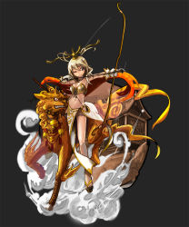 Rule 34 | 1girl, blonde hair, bow (weapon), gloves, headdress, midriff, prototype-d, riding, shiisaa, short hair, simple background, smile, solo, weapon