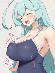Rule 34 | 1girl, abydos high school swimsuit, ahoge, aqua hair, arisu kazumi, armpit crease, bare shoulders, blue archive, blue one-piece swimsuit, blush, breasts, cleavage, closed eyes, commentary request, covered erect nipples, hair between eyes, halo, large breasts, long hair, one-piece swimsuit, open mouth, simple background, solo, sweat, swimsuit, upper body, white background, yellow halo, yume (blue archive)