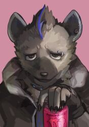 Rule 34 | 1boy, arknights, black gloves, black jacket, buchi0122, can, claws, commentary request, drink, ear piercing, eyebrow piercing, fingerless gloves, furry, furry male, gloves, highres, holding, holding can, holding drink, hood, hood down, hooded jacket, hyena boy, hyena ears, infection monitor (arknights), jacket, looking at viewer, male focus, multicolored hair, piercing, pink background, spot (arknights), streaked hair, upper body