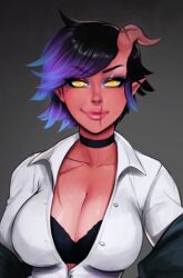 Rule 34 | 1girl, black bra, black choker, bra, breasts, choker, collarbone, colored skin, demon girl, grey shirt, highres, horns, kinky queen, large breasts, multicolored hair, original, red horns, red skin, scar, scar on chest, scar on face, scar on mouth, shirt, skin-covered horns, smile, solo, two-tone hair, underwear, upper body, yellow eyes