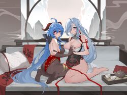 Rule 34 | 2girls, absurdres, ahoge, ass, bare shoulders, barefoot, blue eyes, blue hair, bodystocking, breasts, closed mouth, couch, cup, cushion, full body, ganyu (genshin impact), genshin impact, goat horns, grey hair, hair over one eye, highres, horns, interlocked fingers, large breasts, leotard, long hair, looking at viewer, multiple girls, no shoes, paradox (parapa), pelvic curtain, red eyes, shenhe (genshin impact), tassel, teacup, teapot, thighs, tray, very long hair