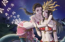 Rule 34 | 2girls, ai nuwang de wan rou, black hair, bracelet, bug, butterfly, cai lin (doupo cangqiong), doupo cangqiong, hair ornament, highres, hug, insect, jewelry, long hair, looking to the side, multiple girls, navel, necklace, night, night sky, palm tree, pointy ears, sky, tree, water