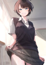 Rule 34 | 1girl, black hair, blue eyes, blush, breasts, collared shirt, commentary, gluteal fold, hego 0102, hololive, looking at viewer, medium breasts, oozora subaru, school uniform, shirt, short hair, short sleeves, skirt, skirt hold, solo, swept bangs, thighs, vest, virtual youtuber