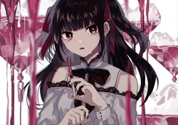 Rule 34 | 1girl, bare shoulders, black bow, black bowtie, black hair, blurry, blurry foreground, bow, bowtie, brown bow, commentary, danjou sora, depth of field, dress, ear piercing, earrings, fingernails, hair ribbon, highres, holding, holding syringe, intravenous drip, jewelry, lace, lace-trimmed dress, lace trim, long hair, looking at viewer, mole, mole under eye, nail polish, off-shoulder dress, off shoulder, original, parted lips, piercing, red eyes, red nails, red ribbon, ribbon, shirt, sleeveless, sleeveless shirt, solo, symbol-only commentary, syringe, tears, two side up, white background, white dress, white shirt