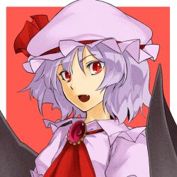Rule 34 | 1girl, ascot, bat wings, brooch, dress, fang, hat, hat ribbon, hinoyama ena, hyounosen ena, jewelry, looking at viewer, mob cap, open mouth, puffy sleeves, purple dress, purple hair, red eyes, remilia scarlet, ribbon, short sleeves, slit pupils, smile, solo, touhou, upper body, wings