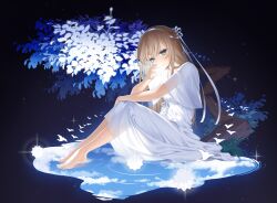 Rule 34 | 1girl, absurdres, barefoot, blonde hair, blue eyes, closed mouth, dress, feet, full body, hair ribbon, hairband, highres, ia (ias1010), long hair, original, rei no himo, ribbon, see-through silhouette, short sleeves, sitting, smile, solo, toenails, toes, white dress, white hairband, white ribbon
