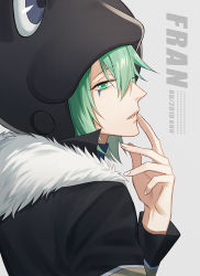 Rule 34 | 1boy, animal hat, black hat, character name, facial mark, fran (reborn), frog hat, fur collar, fur trim, green eyes, green hair, grey background, hand to own mouth, hat, katekyo hitman reborn!, long hair, looking at viewer, male focus, parted lips, ru (famia), short hair, sidelocks, simple background, solo, upper body