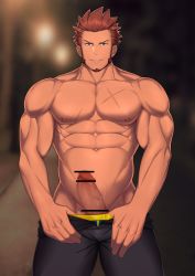 Rule 34 | 1boy, absurdres, alternate costume, bar censor, bara, blue eyes, brown hair, censored, erection, facial hair, fate/grand order, fate (series), goatee, highres, large pectorals, large penis, long sideburns, looking at viewer, male focus, mikicat, muscular, napoleon bonaparte (fate), pants, pectorals, penis, penis peek, police, police uniform, sideburns, simple background, solo, undressing, uniform