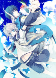 Rule 34 | 2boys, blonde hair, blue eyes, blue hair, blue scarf, detached sleeves, drink, guitar, headset, instrument, kagamine len, kaito (vocaloid), male focus, midriff, multiple boys, navel, necktie, ooki bonta, outstretched arms, photo (object), scarf, sky, smile, spread arms, vocaloid