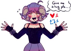 Rule 34 | 1girl, ahoge, artist self-insert, black camisole, black gloves, bracelet, breasts, camisole, cleavage, collar, commentary, elbow gloves, english commentary, english text, fingerless gloves, flying sweatdrops, gloves, goat horns, horns, jewelry, large breasts, like and retweet, orange eyes, original, osulan, purple hair, short hair, solo, spiked bracelet, spiked collar, spikes, upper body