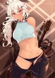 Rule 34 | 1girl, bare arms, bare shoulders, black panties, black pants, black ribbon, blue shirt, blush, breasts, brown eyes, cameltoe, closed mouth, clothes pull, collar, commentary request, crop top, dark-skinned female, dark skin, female pubic hair, granblue fantasy, groin, guitar, hair between eyes, hair ornament, hair ribbon, highres, instrument, kyuu (plastic night q), long hair, looking at viewer, medium breasts, navel, open fly, open pants, panties, pants, pants pull, pubic hair, pussy, red collar, ribbon, see-through, shirt, solo, sweat, underwear, unzipped, very long hair, white hair, zipper, zooey (granblue fantasy)