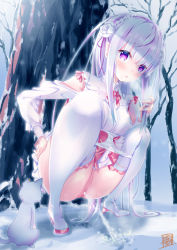 Rule 34 | 1girl, animal, bar censor, blush, boots, bow, bowtie, breasts, cat, censored, detached sleeves, doku momo, dress, elf, emilia (re:zero), female focus, flower, forest, hair flower, hair ornament, hair ribbon, highres, long hair, long sleeves, looking at viewer, medium breasts, nature, open mouth, panties, panty pull, pee, peeing, pink eyes, pink neckwear, pointless censoring, pointy ears, puddle, purple eyes, re:zero kara hajimeru isekai seikatsu, ribbon, rose, silver hair, sky, snow, snow pee, squatting, steam, stream, thigh boots, thighhighs, tree, underwear, water drop, white dress, white panties