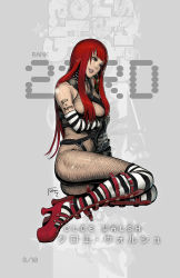 Rule 34 | 1girl, chain, cloe walsh, collar, david semsei, fishnets, gloves, goth fashion, grasshopper manufacture, highres, kneehighs, lips, no more heroes, no more heroes 2, platform footwear, platform heels, red hair, smile, socks, solo, spiked collar, spikes, tattoo