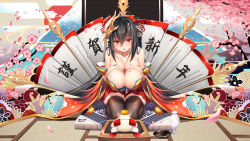 Rule 34 | ahoge, alcohol, azur lane, bare shoulders, black hair, black thighhighs, blush, breasts, bust cup, cleavage, collarbone, crossed bangs, fingernails, food, fruit, furisode, hair between eyes, hair ribbon, hands on own chest, highres, huge breasts, japanese clothes, kimono, leaning forward, long hair, looking at viewer, mandarin orange, mask, mask on head, meion, nail polish, new year, parted lips, red eyes, red kimono, red ribbon, ribbon, sake, shide, sitting, solo, taihou (azur lane), thighhighs, tokkuri, twintails, very long hair