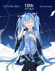 Rule 34 | 1girl, aqua hair, bad id, bad pixiv id, black thighhighs, blush, crying, dated, detached sleeves, closed eyes, hand on own chest, hatsune miku, headset, long hair, looking at viewer, necktie, open mouth, popuru, skirt, sleeveless, solo, tears, thighhighs, twintails, vocaloid
