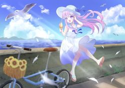 Rule 34 | bare shoulders, bicycle, bird, breasts, cloud, collar, dress, feathers, feet, food, grass, hair ornament, hairclip, happy, hat, ice cream, long hair, nepgear, neptune (series), ocean, open mouth, ppppin55, purple eyes, purple hair, ribbon, road, sandals, seagull, skirt, sky, small breasts, summer, sun, toes, water