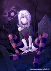 Rule 34 | 1girl, bikini, black bikini, black shirt, blouse, bracelet, breasts, choker, full moon, geewhy, goth fashion, graveyard, hair over one eye, highres, jewelry, little witch academia, moon, no pants, one eye covered, pink thighhighs, purple hair, purple sky, red eyes, shirt, sitting, sky, solo, spread legs, striped clothes, striped thighhighs, sucy manbavaran, swimsuit, thighhighs