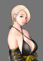 Rule 34 | 1girl, blonde hair, breasts, brown eyes, detached sleeves, dress, earrings, grey background, jewelry, kusagami style, large breasts, lips, looking at viewer, mole, no bra, short hair, simple background, smile, solo