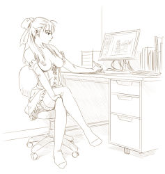 Rule 34 | 1girl, back-seamed legwear, bow, breastless clothes, breasts, chair, corset, crossed legs, desk, drawing, drawing tablet, elbow gloves, francine (daijaemon), gloves, hair bow, indoors, keyboard (computer), left-handed, long hair, monitor, monochrome, nipples, office chair, original, recursion, seamed legwear, self-portrait, simple background, sitting, solo, stylus, swivel chair, thighhighs, topless, white background