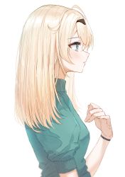 Rule 34 | 1girl, absurdres, alternate hairstyle, blonde hair, blue eyes, blue sweater, blush, from side, highres, hololive, kazama iroha, long hair, looking away, nail polish, parted lips, profile, simple background, solo, sweater, tagosaku (tatsukiuma0329), upper body, virtual youtuber, white background, yellow nails