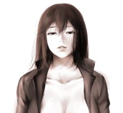 Rule 34 | 1girl, black hair, breasts, cleavage, long hair, open clothes, parted lips, shoukaki (earthean), solo