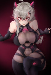 Rule 34 | 1girl, absurdres, bare shoulders, black background, breasts, cleavage cutout, clothing cutout, cowboy shot, detached sleeves, glasses, happy, highres, large breasts, long hair, navel, saruei (vtuber), scar, scar on face, silver hair, vanko (vank0a), virtual youtuber