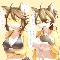 Rule 34 | 2girls, brown hair, drinking, fox, furry, glasses, japanese text, multiple girls, nakamula, ponytail, text focus, translation request, yellow eyes