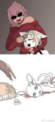 arknights arm_triangle_choke bald before_and_after cutting_hair drooling empty_eyes extra_ears forced highres knit_hat multiple_tails nude original screaming shaving striped_clothes sun_zha sunglasses suzuran_(arknights) tail weibo_watermark