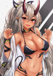Rule 34 | 1girl, :d, absurdres, bare shoulders, bikini, black bikini, blush, breasts, claw pose, cleavage, collarbone, commentary request, dark-skinned female, dark skin, detached collar, fang, groin, hair between eyes, highres, horns, large breasts, long hair, looking at viewer, nail polish, navel, off shoulder, oni horns, open clothes, open mouth, original, pink nails, pointy ears, red eyes, ryara, sidelocks, skin fang, smile, solo, stomach, swimsuit, tail, two-tone background, upper body, very long hair