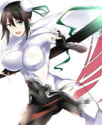 Rule 34 | 1girl, arm guards, black gloves, black hair, bodysuit, breasts, bun cover, cape, chinese clothes, commentary request, covered navel, crotch, double bun, fate/grand order, fate (series), gloves, green eyes, hair bun, highres, holding, holding weapon, large breasts, open mouth, polearm, qin liangyu (fate), shimeno puni, sidelocks, simple background, skin tight, solo, spear, teeth, upper teeth only, weapon, white bodysuit, white cape