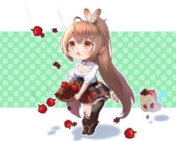 Rule 34 | 1girl, :o, ahoge, apple, bag, berry, black footwear, black socks, bowl, breasts, brown eyes, brown hair, catching, chibi, cleavage, cleavage cutout, clothing cutout, corset, feather hair ornament, feathers, food, friend (nanashi mumei), frilled skirt, frills, fruit, full body, hair ornament, holding, holding bowl, hololive, hololive english, junkun, kneehighs, long hair, looking up, minecraft, multicolored hair, nanashi mumei, open mouth, paper bag, pixelated, ponytail, puffy sleeves, red skirt, sheath, sheathed, shirt, single kneehigh, single sock, single thighhigh, skirt, socks, solo, standing, streaked hair, thighhighs, virtual youtuber, white shirt