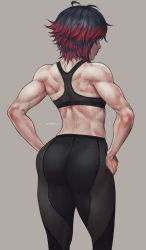 Rule 34 | 1girl, absurdres, ass, back, black hair, contrapposto, from behind, hands on own hips, highres, kuon (kwonchanji), medium hair, multicolored hair, muscular, muscular female, pants, red hair, ruby rose, rwby, signature, simple background, solo, sports bra, streaked hair, thighs, two-tone hair, yoga pants