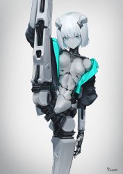 Rule 34 | 1girl, android, aqua eyes, arm at side, blue eyes, breasts, colored skin, commentary request, cropped jacket, expressionless, grey background, grey skin, highres, humanoid robot, jacket, joints, looking at viewer, multicolored eyes, open clothes, open jacket, original, robot, robot joints, short hair, small breasts, solo, split, standing, standing on one leg, standing split, tafuu (tortafu), white hair