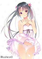 Rule 34 | 1girl, artist name, black hair, bow, bow panties, breasts, cleavage, closed mouth, collarbone, dress, flower, hair flower, hair ornament, koutaro, long hair, looking at viewer, original, panties, pink dress, red eyes, simple background, small breasts, smile, solo, standing, twintails, twitter username, underwear, watermark, white background, white panties