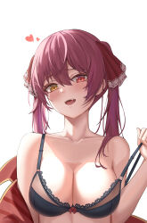 Rule 34 | 1girl, absurdres, bare shoulders, black bra, blush, bra, breasts, fang, hair between eyes, hair ribbon, heart, heterochromia, highres, hololive, houshou marine, lace, lace-trimmed bra, lace trim, large breasts, long hair, looking at viewer, open mouth, red eyes, red hair, red ribbon, ribbon, smile, solo, teeth, toki88909, twintails, underwear, upper body, upper teeth only, virtual youtuber, white background, yellow eyes