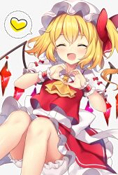 Rule 34 | 1girl, :d, ascot, blonde hair, bloomers, blush, bow, closed eyes, crystal, crystal wings, fang, flandre scarlet, frilled shirt collar, frilled skirt, frills, hair between eyes, hat, hat ribbon, heart, highres, mob cap, open mouth, puffy short sleeves, puffy sleeves, red bow, red ribbon, red skirt, red vest, ribbon, ruhika, shirt, short hair, short sleeves, side ponytail, simple background, sitting, skirt, skirt set, smile, solo, touhou, underwear, vest, white background, white hat, wings, wrist cuffs, yellow ascot