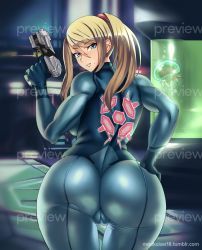 Rule 34 | 1girl, ass, blonde hair, blue bodysuit, blue eyes, bodysuit, breasts, cameltoe, cleft of venus, from behind, gun, hand on own hip, huge ass, indoors, long hair, looking at viewer, madkaiser, medium breasts, metroid, metroid (creature), mole, mole under mouth, muscular, nintendo, parted lips, ponytail, preview, samus aran, skin tight, weapon, wide hips, zero suit