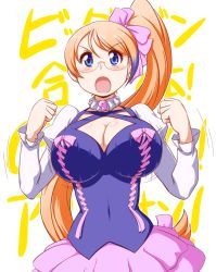 Rule 34 | 10s, 1girl, aquarion (series), aquarion evol, blue eyes, blush, bouncing breasts, bow, breasts, cleavage, glasses, huge breasts, long hair, mix (aquarion), open mouth, orange hair, ponytail, solo, soubee1, very long hair