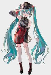 Rule 34 | 1girl, :o, aqua eyes, aqua hair, aqua nails, artist name, bare shoulders, black footwear, black hat, black sleeves, boots, commentary request, detached sleeves, full body, grey background, hand on own thigh, hat, hatsune miku, high-waist skirt, highres, long hair, looking at viewer, lunar (lunar 815), nail polish, open mouth, peaked cap, red skirt, salute, see-through, see-through legwear, shirt, simple background, skirt, sleeveless, sleeveless shirt, solo, twintails, vocaloid, watermark
