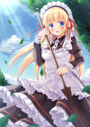 Rule 34 | 1girl, :d, apron, black dress, blonde hair, blue eyes, blue sky, blush, broom, cloud, collared dress, commentary request, day, dress, falling leaves, frilled apron, frilled dress, frills, fujikura ryuune, hair between eyes, holding, holding broom, juliet sleeves, leaf, long hair, long sleeves, maid, maid apron, maid headdress, open mouth, original, outdoors, puffy sleeves, red ribbon, ribbon, sidelocks, sky, sleeves past wrists, smile, solo, tree, very long hair, white apron