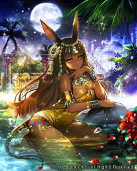Rule 34 | 1girl, black hair, blue nails, blush, breasts, cleavage, closed mouth, dark-skinned female, dark skin, eu (euspia), large breasts, looking at viewer, maboroshi juuhime, moon, nail polish, night, pyramid (structure), seiza, sitting, solo, yellow eyes