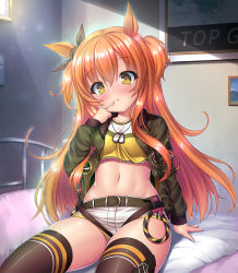 Rule 34 | 1girl, animal ears, bed, belt, blush, bow, breasts, brown ribbon, collarbone, crop top, dog tags, ear ribbon, eyes visible through hair, green belt, green jacket, hair between eyes, horse ears, horse girl, horse tail, indoors, jacket, long hair, long sleeves, looking at viewer, mayano top gun (umamusume), medium breasts, navel, on bed, open clothes, open jacket, open mouth, orange hair, ribbon, shirt, short shorts, shorts, sitting, solo, tail, takeponi, thighhighs, two side up, umamusume, white shorts, yellow eyes, yellow shirt