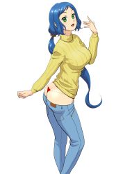 Rule 34 | 10s, 1girl, ass, bad id, bad pixiv id, blue hair, blush, breasts, clothes pull, denim, g-string, green eyes, gundam, gundam build fighters, highres, iori rinko, jeans, large breasts, long hair, looking at viewer, mature female, panties, pants, pants pull, permanentshadow, ponytail, ribbed sweater, scrunchie, simple background, smile, solo, sweater, thong, turtleneck, underwear, whale tail (clothing), white background