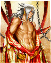 Rule 34 | 1boy, abs, earrings, grey hair, japanese clothes, jewelry, long hair, male focus, muscular, open clothes, open shirt, orange eyes, robe, shirt, topless male, solo, tattoo