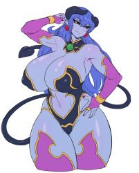 Rule 34 | 1girl, astaroth (shinrabanshou), blue hair, breasts, cameltoe, cleavage, clothing cutout, colored skin, covered erect nipples, curvy, demon, demon girl, detached sleeves, earrings, exabyte (parallax05), fingernails, gigantic breasts, hair between eyes, head tilt, highres, horns, huge breasts, jewelry, long fingernails, long hair, looking at viewer, nail polish, navel cutout, pointy ears, purple skin, ring, shinrabanshou, shiny skin, standing, tail, thick thighs, thighhighs, thighs, wide hips, wristband, yellow eyes