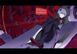 Rule 34 | 1girl, ass, ayanami rei, bad id, bad pixiv id, black bodysuit, blood, blue hair, bodysuit, breasts, closed mouth, cockpit, dutch angle, english text, evangelion: 3.0 you can (not) redo, expressionless, from side, full body, hair between eyes, hair ornament, hairpods, hands on own knee, headgear, holographic monitor, interface headset, knees up, legs together, letterboxed, looking to the side, lying, mecha, neon genesis evangelion, on back, own hands together, parted bangs, photoshop (medium), pilot suit, plugsuit, rebuild of evangelion, red eyes, robot, saitou masatsugu, sitting, small breasts, solo, turtleneck