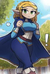 Rule 34 | !, 1girl, ?, absurdres, ass, blonde hair, blue cape, blue eyes, blue pants, blue shirt, boots, breasts, brown footwear, cape, chestnut mouth, day, elf, feet out of frame, female focus, forest, highres, large breasts, looking at viewer, nature, nintendo, outdoors, pants, pointy ears, princess zelda, shiny clothes, shiny skin, shirt, short hair, sky, solo, speech bubble, standing, taut clothes, taut shirt, the legend of zelda, the legend of zelda: breath of the wild, thick thighs, thighs, tony welt, tree, walking, wide hips